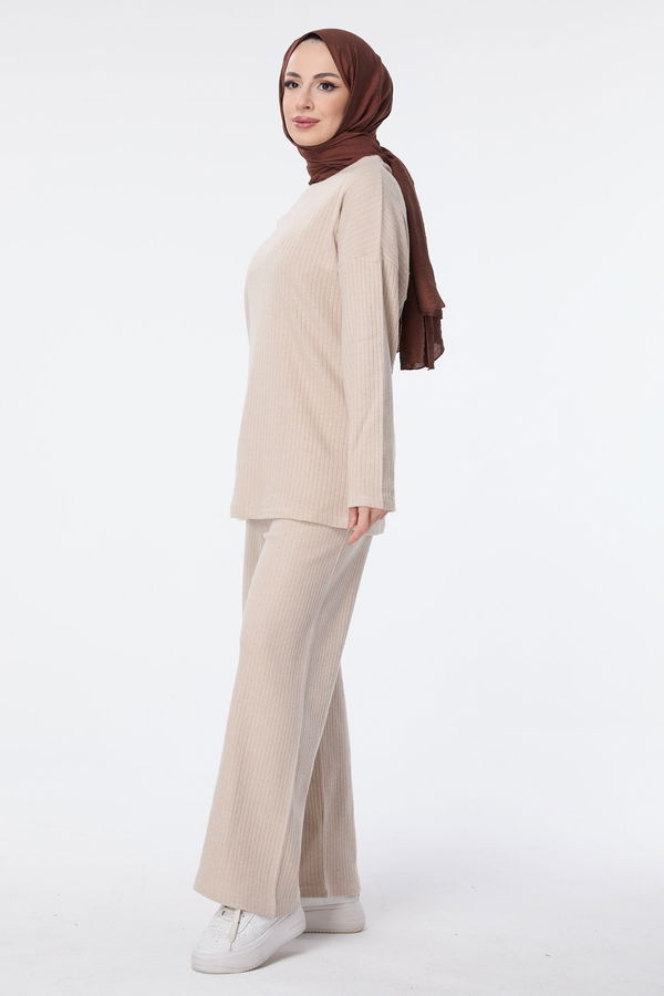 Düz Bisiklet Yaka Kadın Bej Tunik+Pantolon - 23754 BEJ