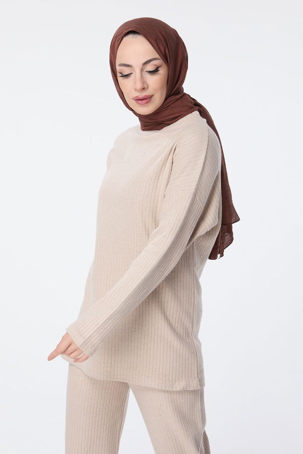 Düz Bisiklet Yaka Kadın Bej Tunik+Pantolon - 23754 BEJ