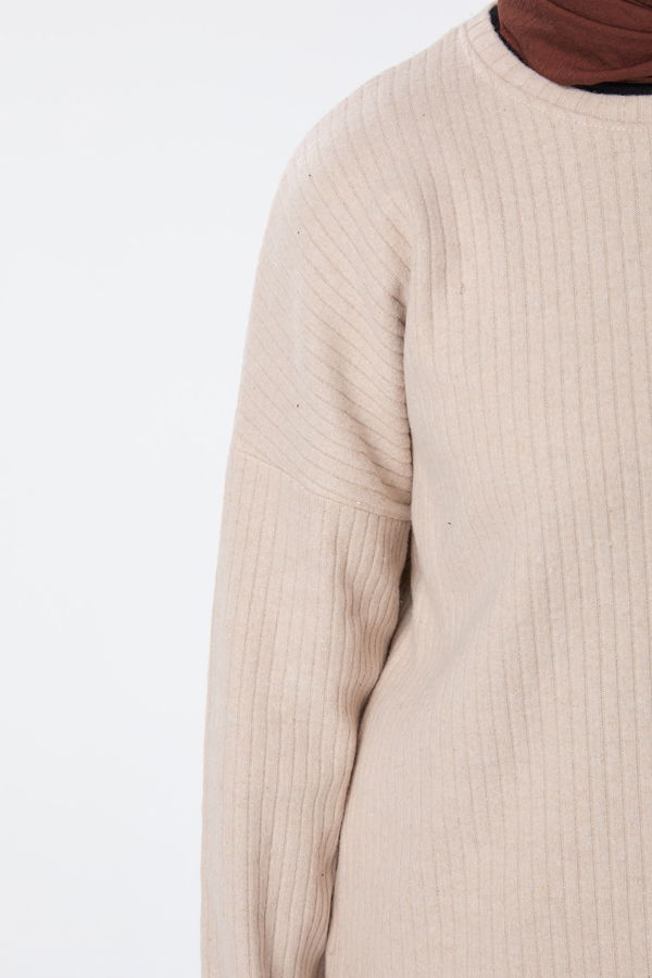 Düz Bisiklet Yaka Kadın Bej Tunik+Pantolon - 23754 BEJ