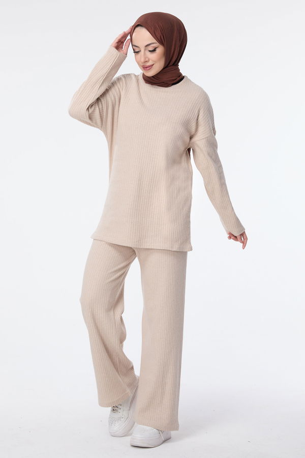 Düz Bisiklet Yaka Kadın Bej Tunik+Pantolon - 23754 BEJ