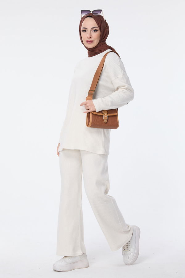 Düz Bisiklet Yaka Kadın Ekru Tunik+Pantolon - 23754 EKRU