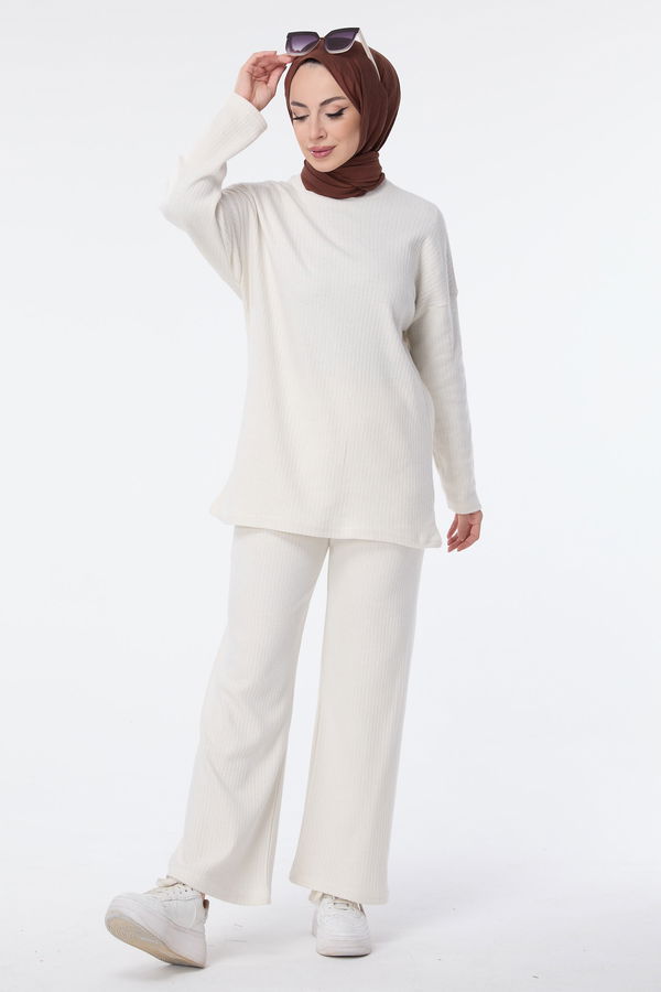 Düz Bisiklet Yaka Kadın Ekru Tunik+Pantolon - 23754 EKRU