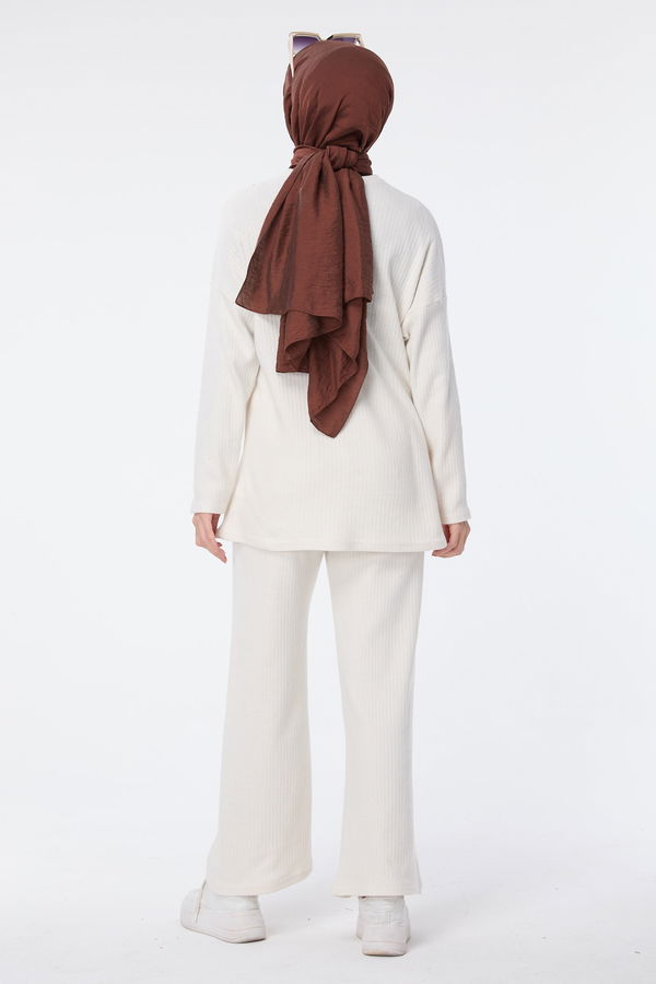 Düz Bisiklet Yaka Kadın Ekru Tunik+Pantolon - 23754 EKRU