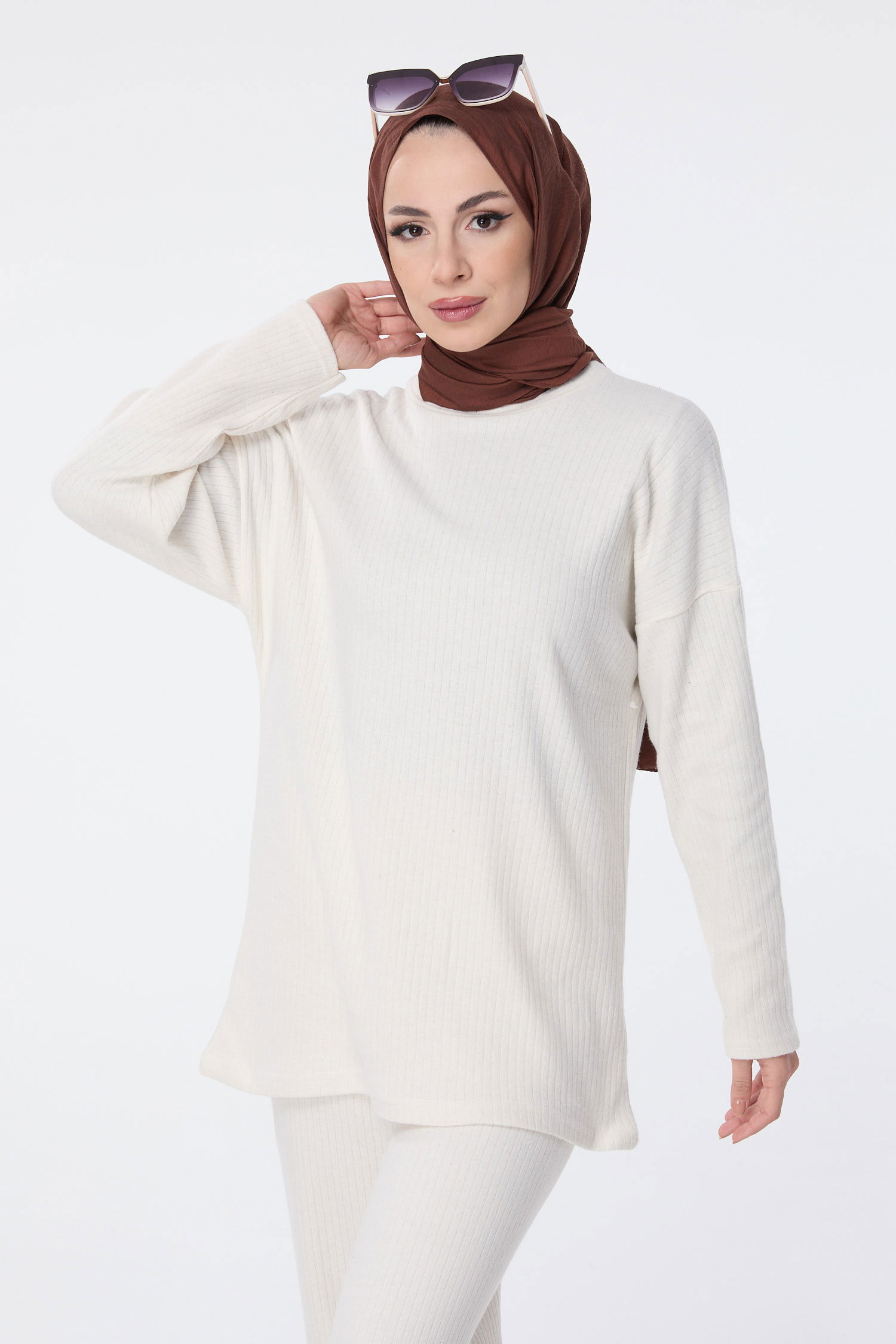 Düz Bisiklet Yaka Kadın Ekru Tunik+Pantolon - 23754 EKRU