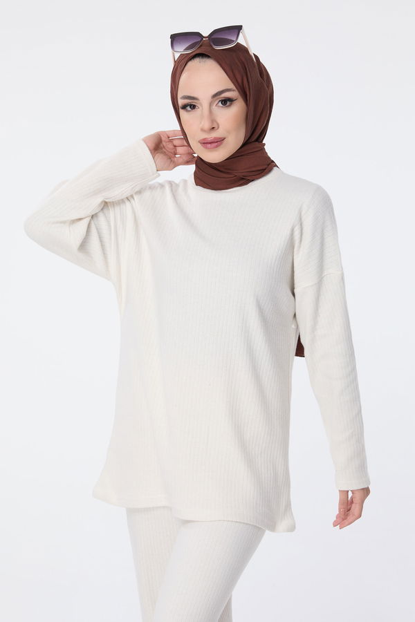 Düz Bisiklet Yaka Kadın Ekru Tunik+Pantolon - 23754 EKRU