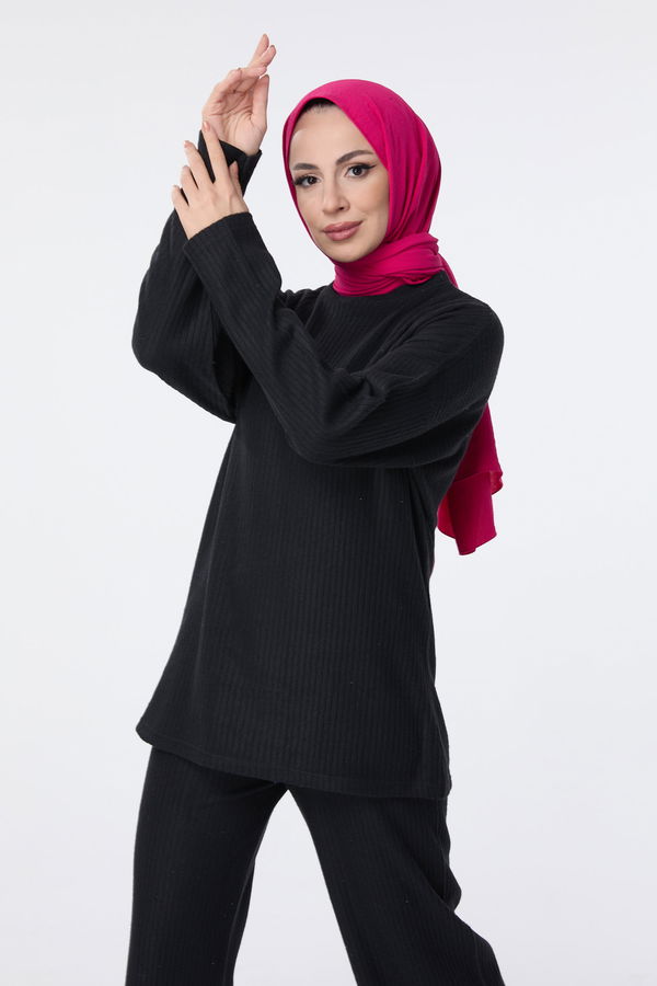 Düz Bisiklet Yaka Kadın Siyah Tunik+Pantolon - 23754