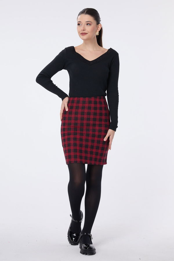 Düz Orta Kadın Bordo Mini Etek - 23757