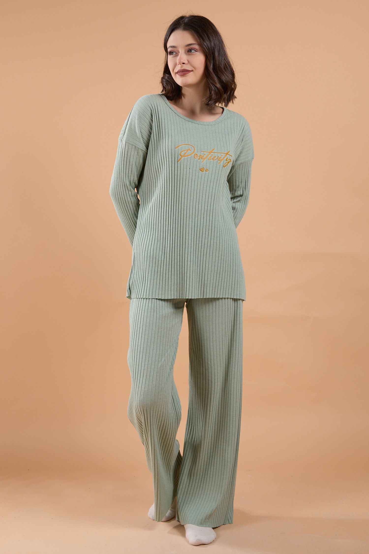 Düz Bisiklet Yaka Kadın Yeşil Pijama Takımı - 23647