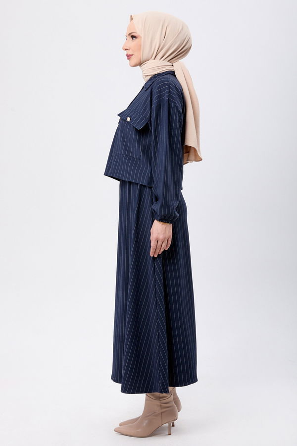 Düz Gömlek Yaka Kadın Lacivert Bolero+Etek - 24045