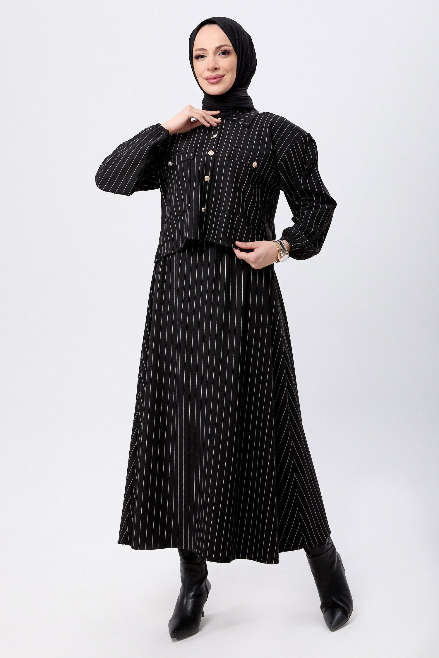 Düz Gömlek Yaka Kadın Siyah Bolero+Etek - 24045 SİYAH