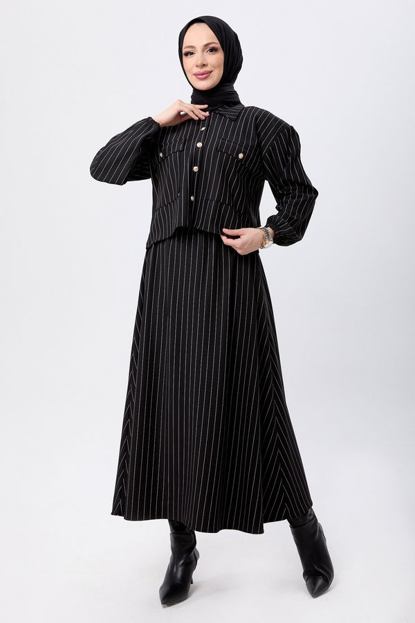 Düz Gömlek Yaka Kadın Siyah Bolero+Etek - 24045 SİYAH