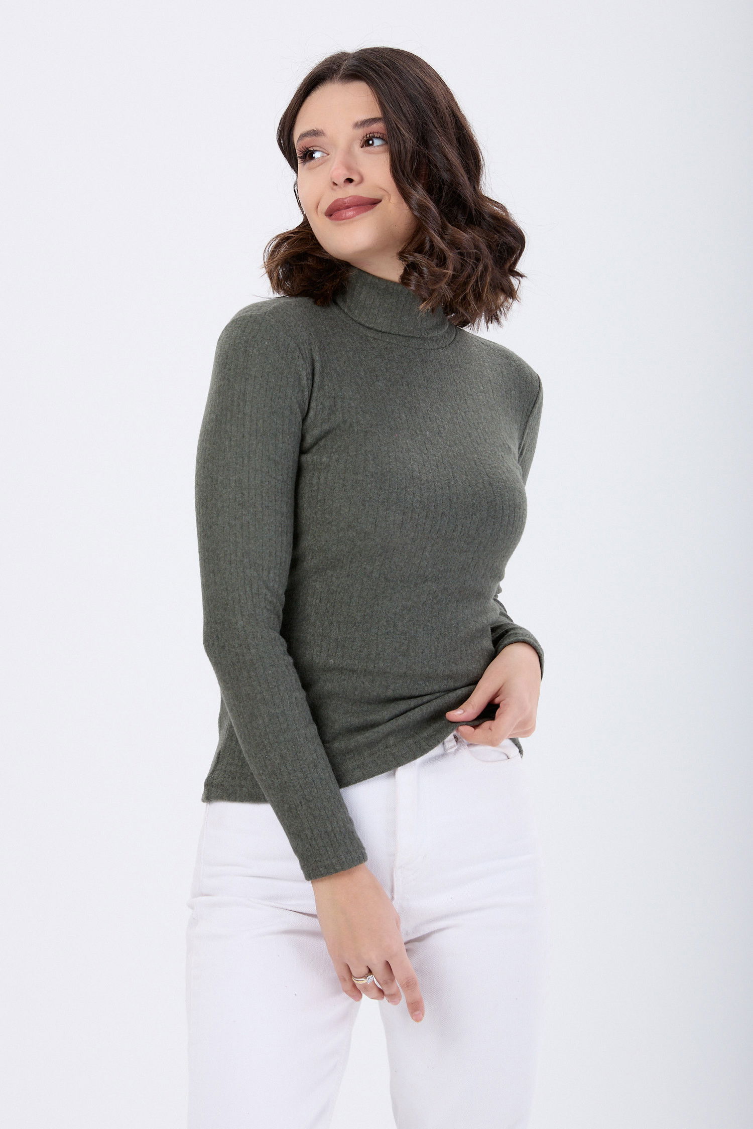 Düz Balıkcı Yaka Kadın Haki Body - 24054
