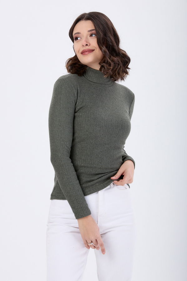 Düz Balıkcı Yaka Kadın Haki Body - 24054