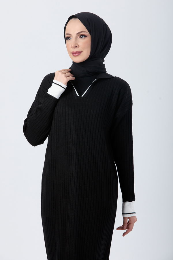 Düz Gömlek Yaka Kadın Siyah Triko Elbise - 24117 SİYAH