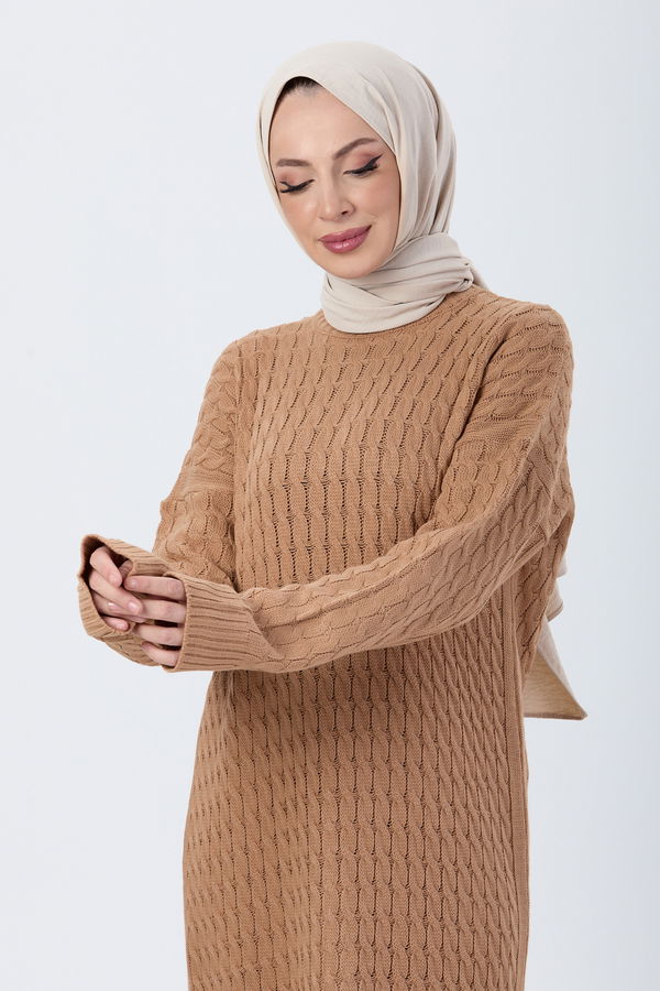Düz Bisiklet Yaka Kadın Taba Triko Elbise - 24118 TABA