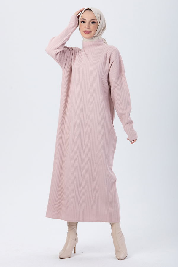Düz Yarım Balıkçı Yaka Kadın Pembe Triko Elbise - 24119 PEMBE
