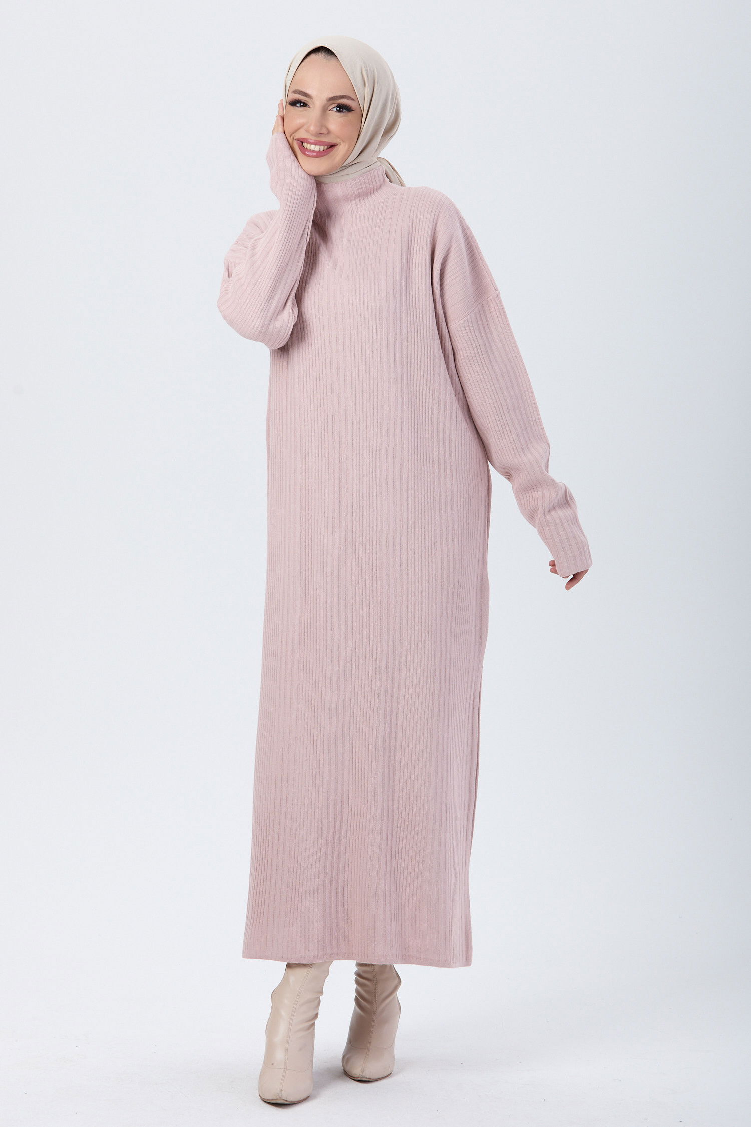 Düz Yarım Balıkçı Yaka Kadın Pembe Triko Elbise - 24119 PEMBE