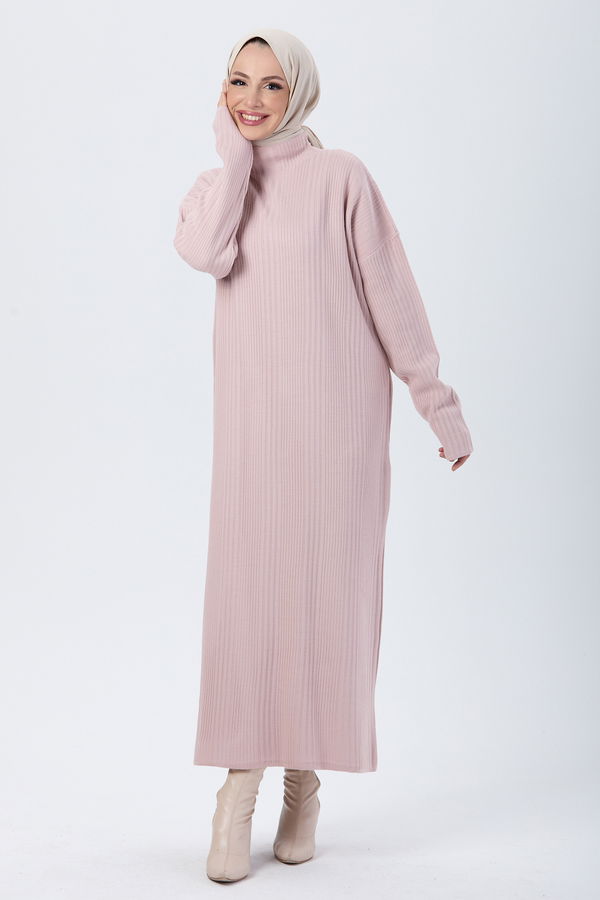Düz Yarım Balıkçı Yaka Kadın Pembe Triko Elbise - 24119 PEMBE
