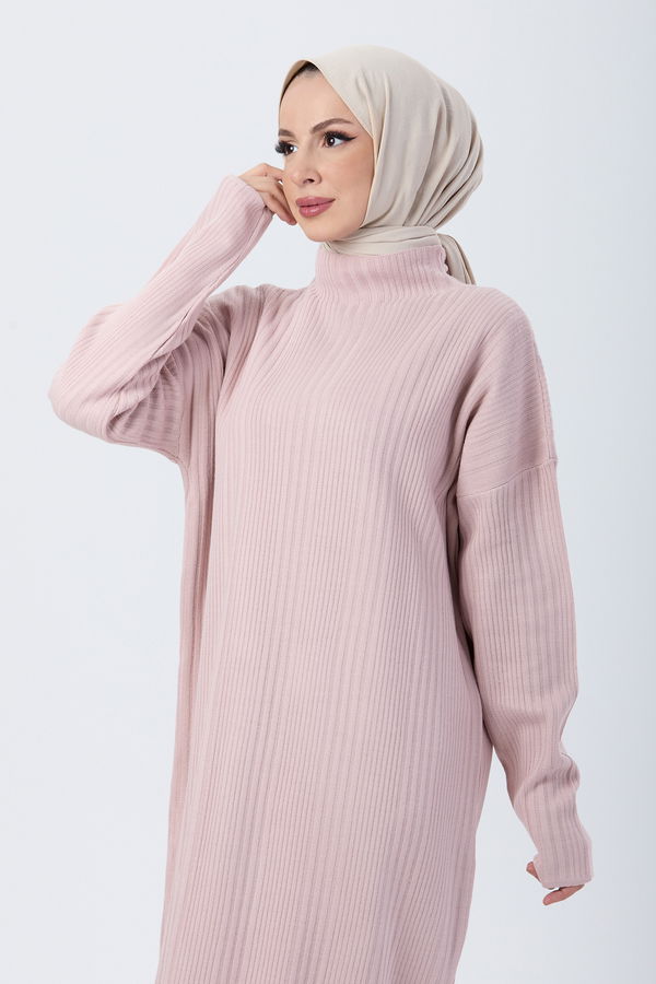 Düz Yarım Balıkçı Yaka Kadın Pembe Triko Elbise - 24119 PEMBE