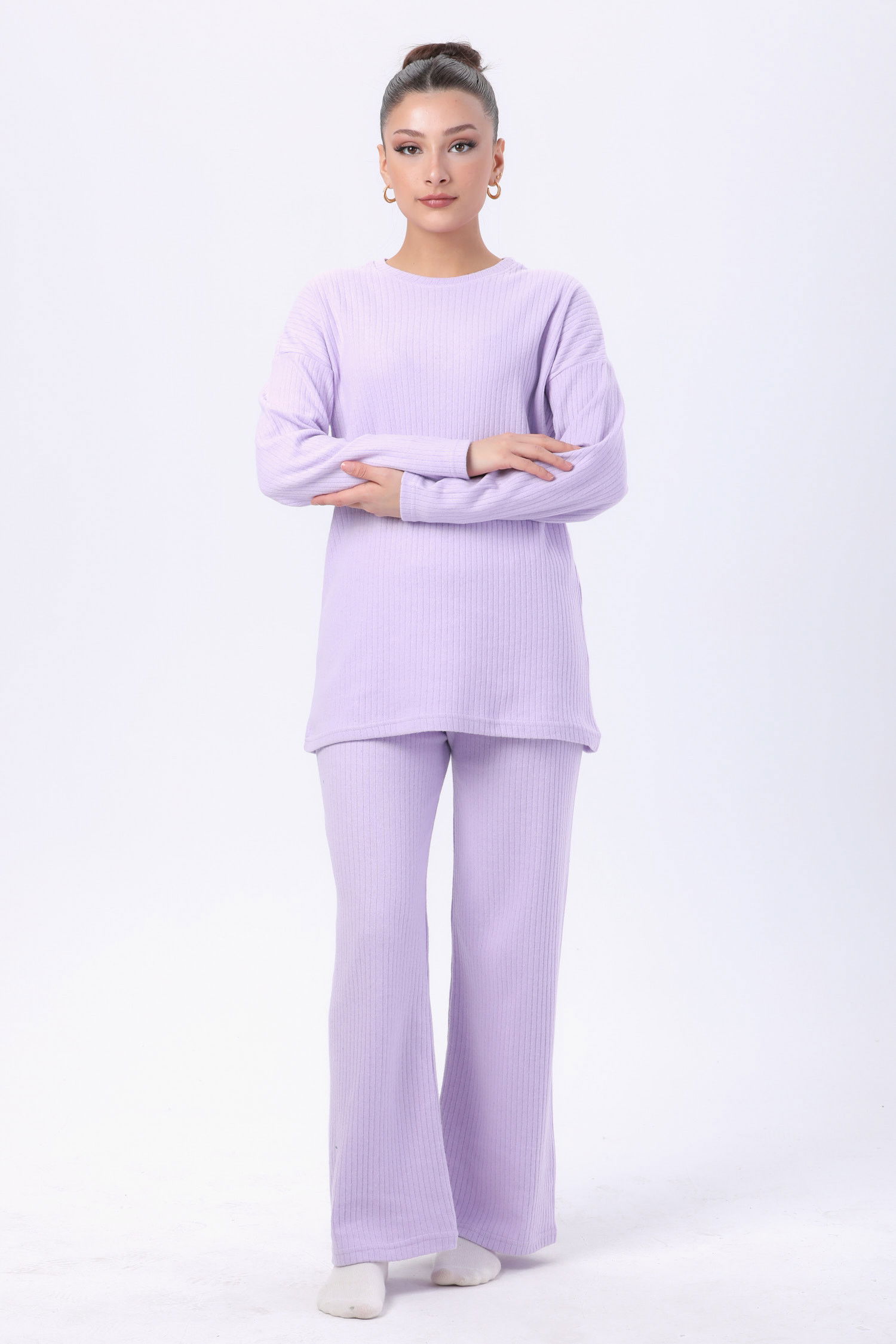 Düz Bisiklet Yaka Kadın Lila Tunik+Pantolon - 23754 LİLA