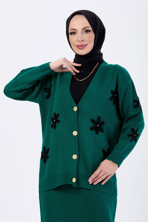 Düz Ceket Yaka Kadın Yeşil Hırka+Etek Takım - 24107 YEŞİL