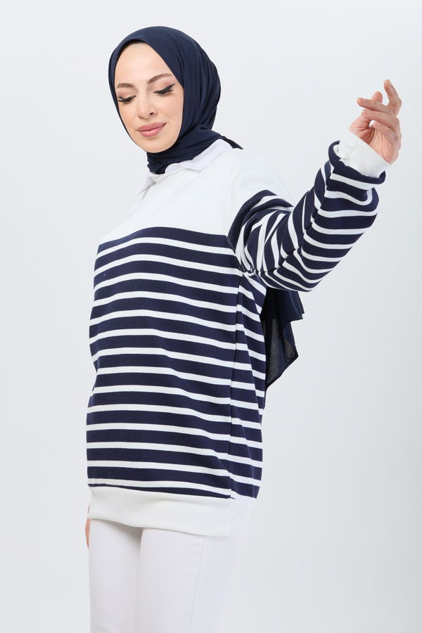 Düz Bisiklet Yaka Kadın Lacivert Sweat - 24179 LACİVERT