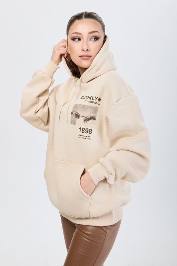 Düz Kapşonlu Yaka Kadın Bej Kapşonlu Sweat - 24178 BEJ