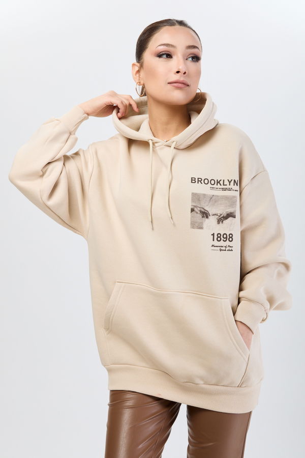 Düz Kapşonlu Yaka Kadın Bej Kapşonlu Sweat - 24178 BEJ