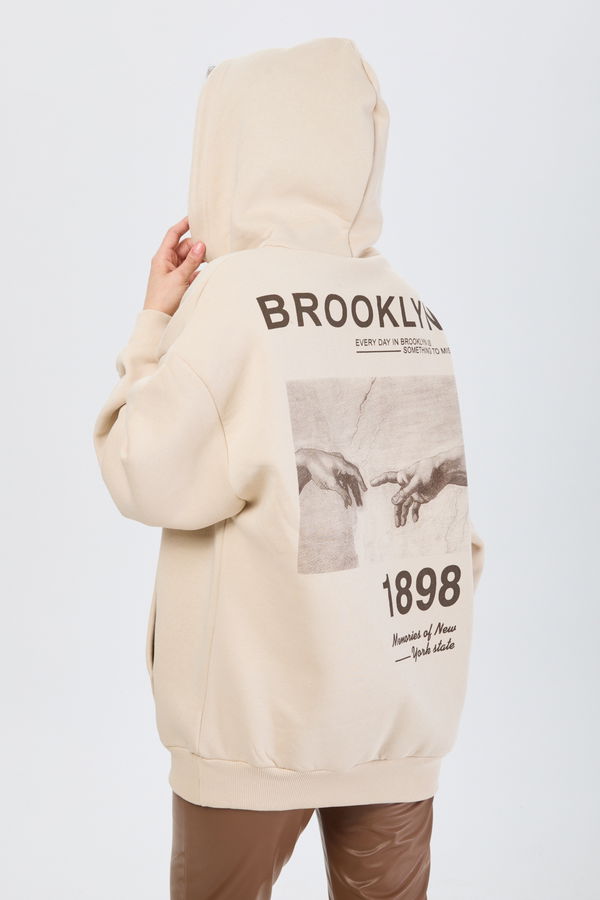 Düz Kapşonlu Yaka Kadın Bej Kapşonlu Sweat - 24178 BEJ
