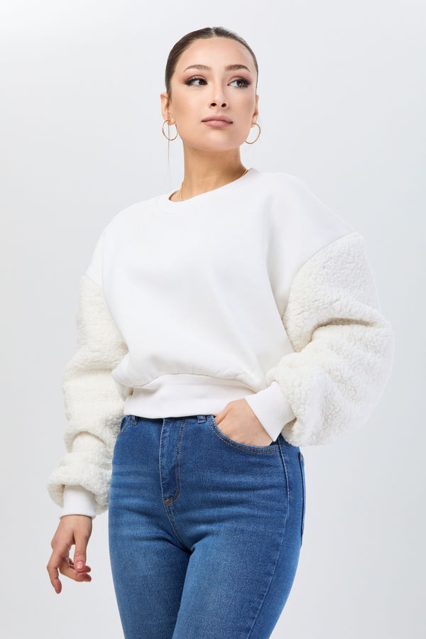 Düz Bisiklet Yaka Kadın Beyaz Sweat - 24180