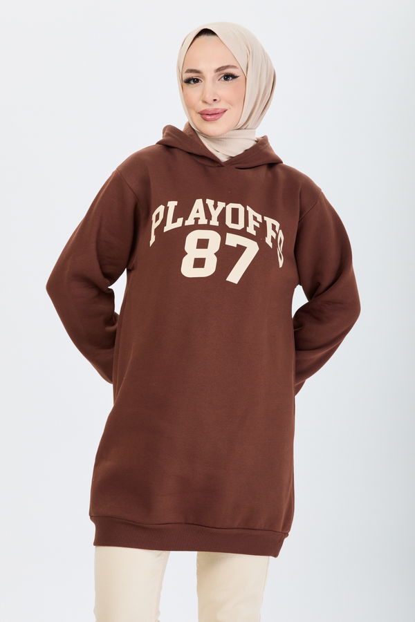 Düz Kapşonlu Yaka Kadın Kahverengi Sweat - 24173