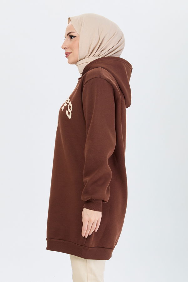 Düz Kapşonlu Yaka Kadın Kahverengi Sweat - 24173