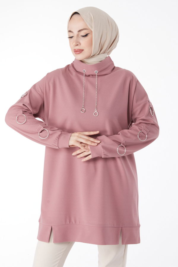Düz Ceket Yaka Kadın Pembe Kol Halka Detaylı Tunik - 24962 PEMBE