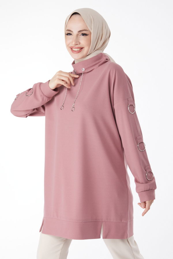 Düz Ceket Yaka Kadın Pembe Kol Halka Detaylı Tunik - 24962 PEMBE