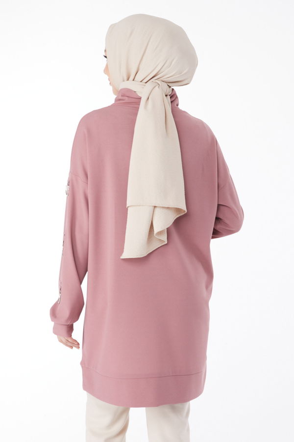 Düz Ceket Yaka Kadın Pembe Kol Halka Detaylı Tunik - 24962 PEMBE