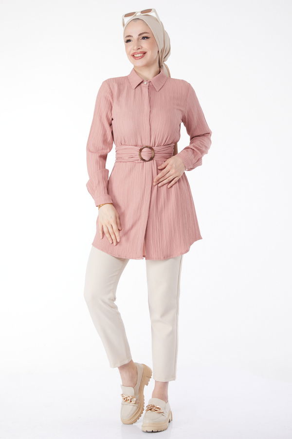Düz Gömlek Yaka Kadın Pembe Gizli Düğme Detaylı Tunik - 24969