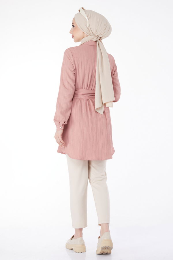 Düz Gömlek Yaka Kadın Pembe Gizli Düğme Detaylı Tunik - 24969