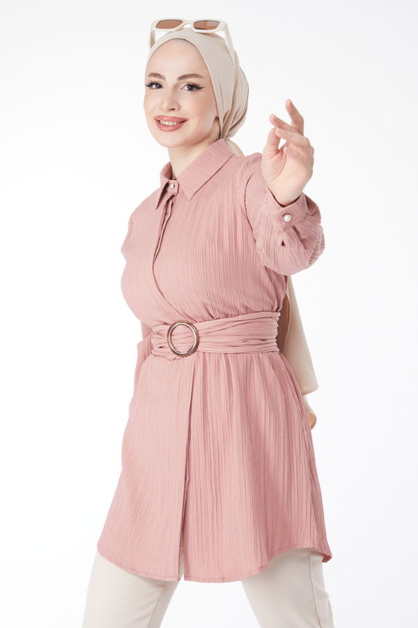 Düz Gömlek Yaka Kadın Pembe Gizli Düğme Detaylı Tunik - 24969