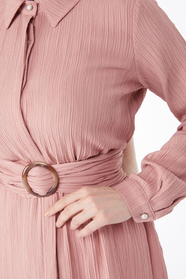 Düz Gömlek Yaka Kadın Pembe Gizli Düğme Detaylı Tunik - 24969