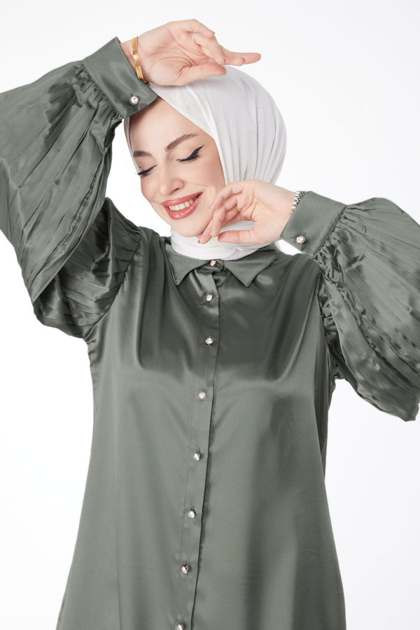 Düz Gömlek Yaka Kadın Haki Kolu Pileli Tunik - 24965 HAKİ