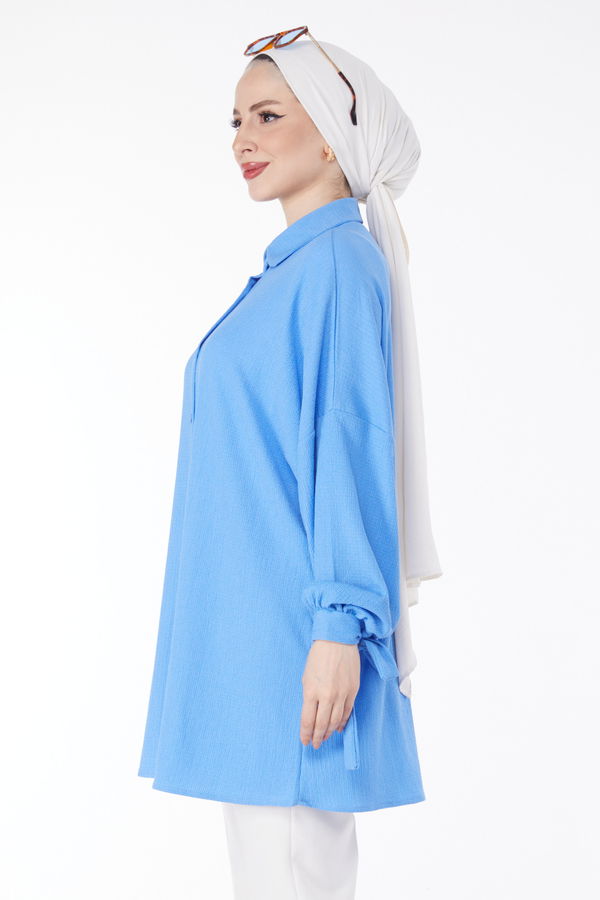 Düz Bebe Yaka Kadın Mavi Bilekleri Bağcıklı Tunik - 25001 MAVİ