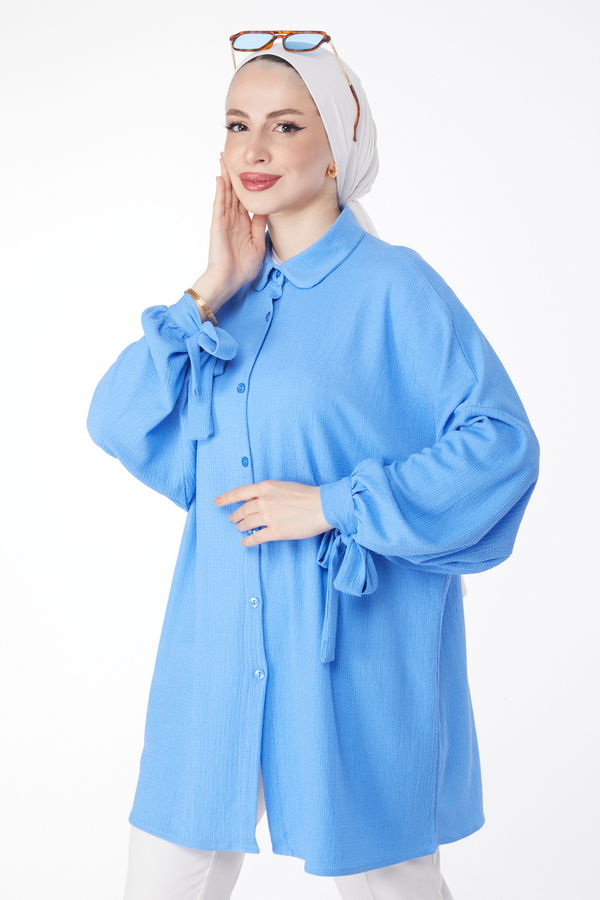 Düz Bebe Yaka Kadın Mavi Bilekleri Bağcıklı Tunik - 25001 MAVİ
