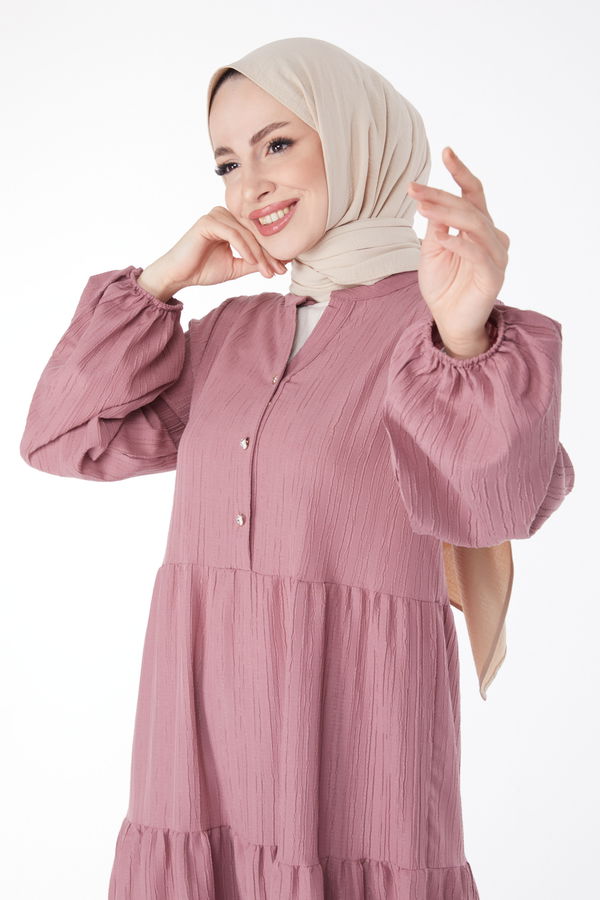 Düz Hakim Yaka Kadın Pembe Düğmeli Elbise - 24997 PEMBE