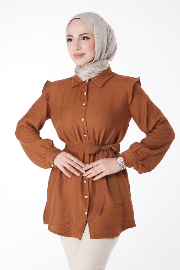 Düz Gömlek Yaka Kadın Taba Kuşaklı Tunik - 25120