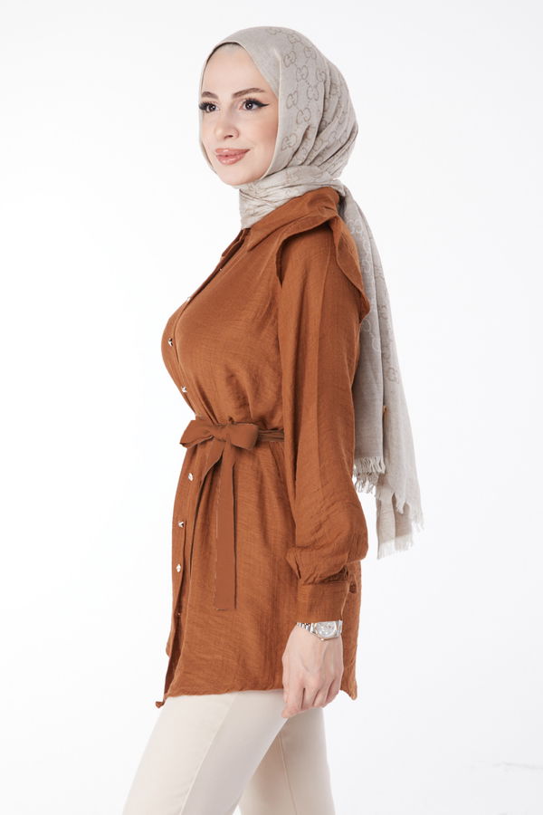 Düz Gömlek Yaka Kadın Taba Kuşaklı Tunik - 25120