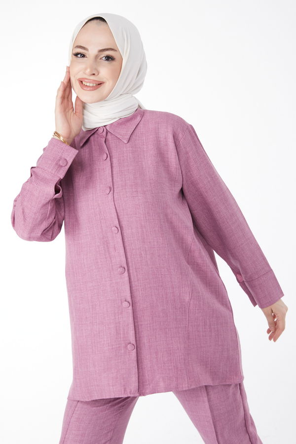 Düz Gömlek Yaka Kadın Pembe Tunik Pantolon İkili Takım - 25128 PEMBE
