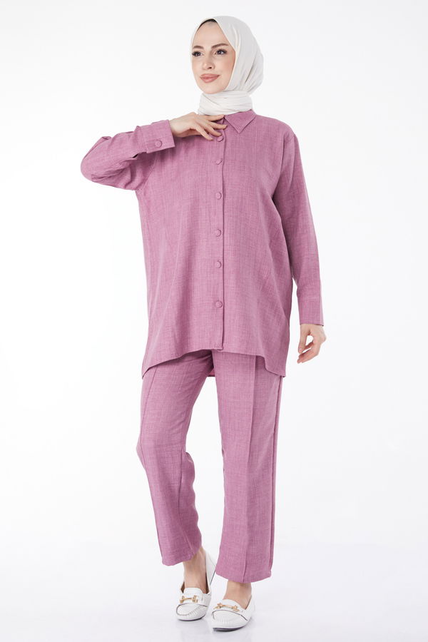Düz Gömlek Yaka Kadın Pembe Tunik Pantolon İkili Takım - 25128 PEMBE