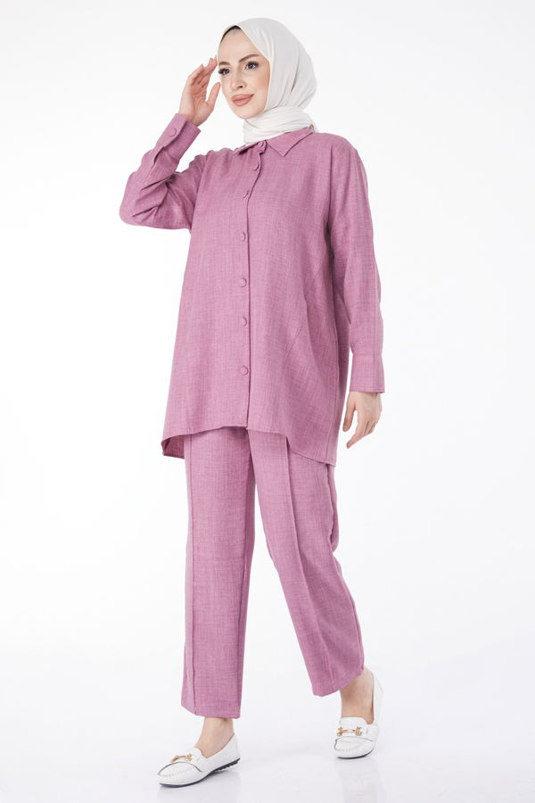 Düz Gömlek Yaka Kadın Pembe Tunik Pantolon İkili Takım - 25128 PEMBE