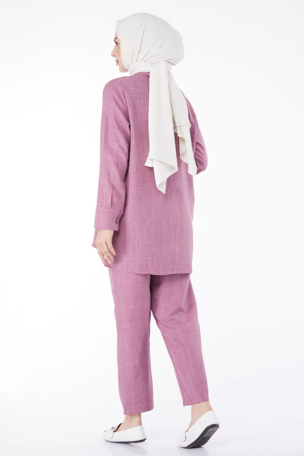Düz Gömlek Yaka Kadın Pembe Tunik Pantolon İkili Takım - 25128 PEMBE