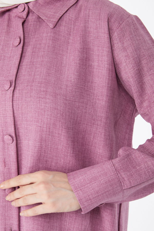 Düz Gömlek Yaka Kadın Pembe Tunik Pantolon İkili Takım - 25128 PEMBE